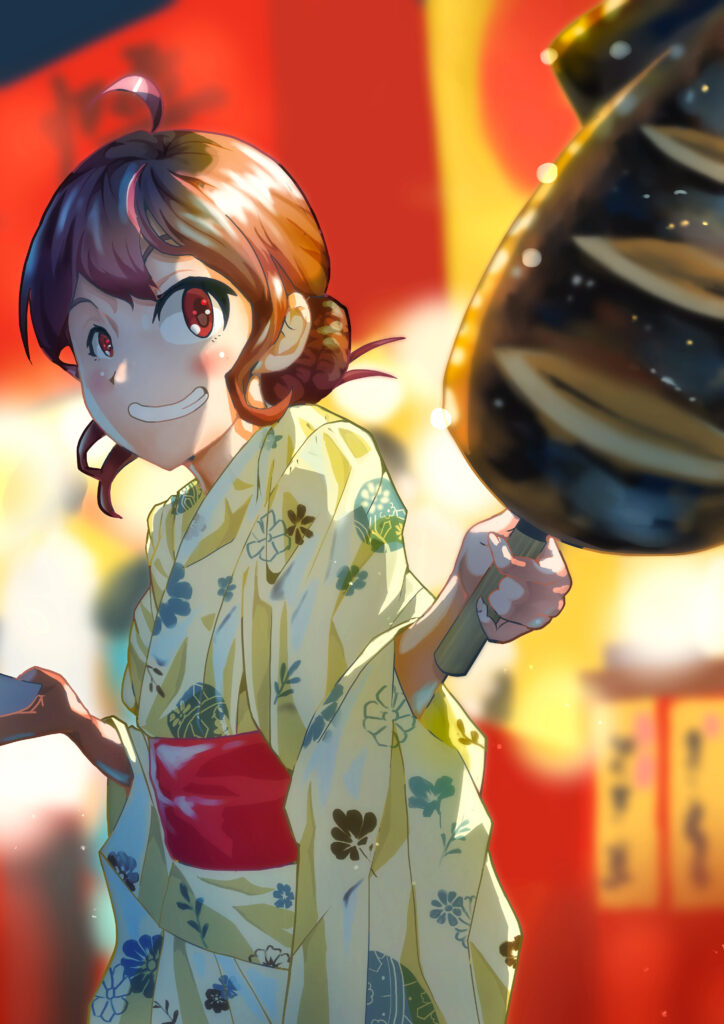 Joyful Anime Girl in Kimono - Vibrant Floral Wallpaper Background