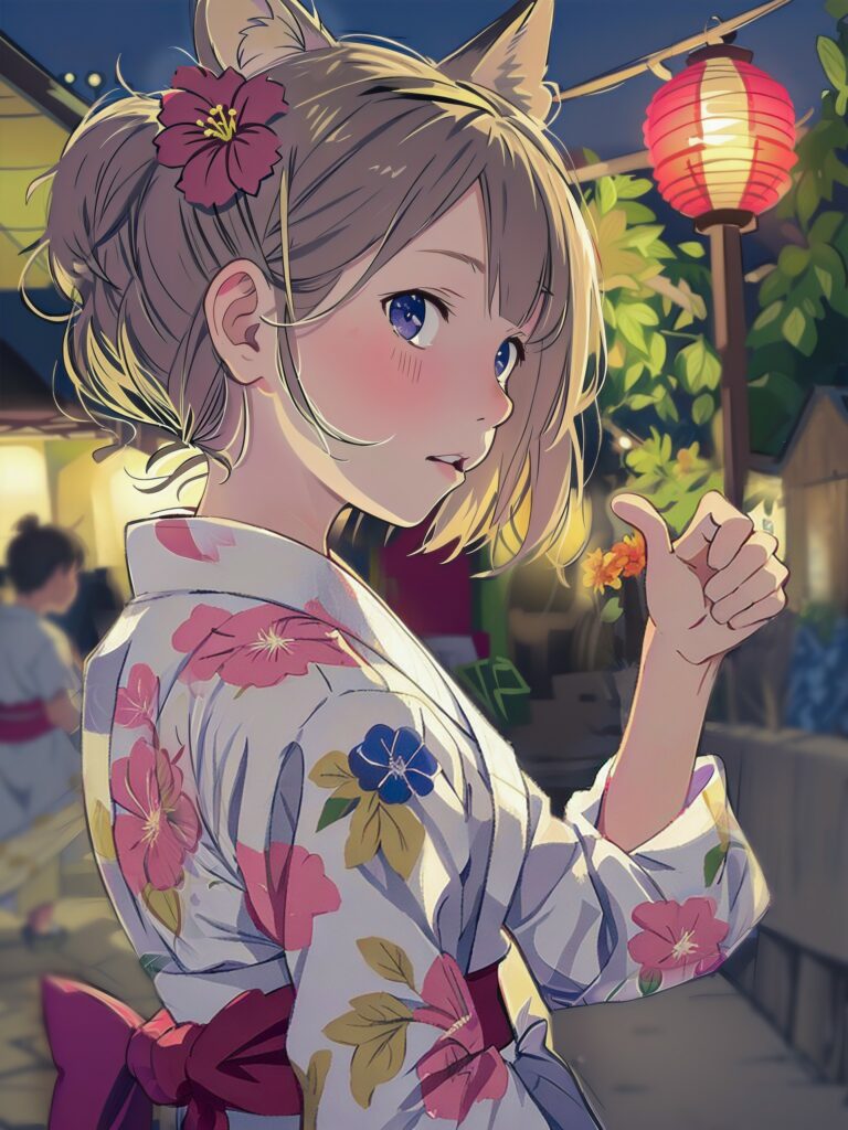 Anime Girl in Kimono: Colorful Floral Wallpaper with Lanterns