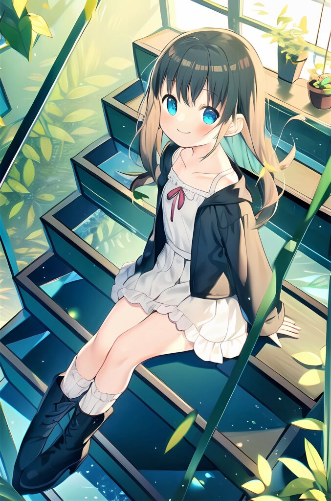 Cheerful Girl in Lush Greenery: Magical Anime Wallpaper