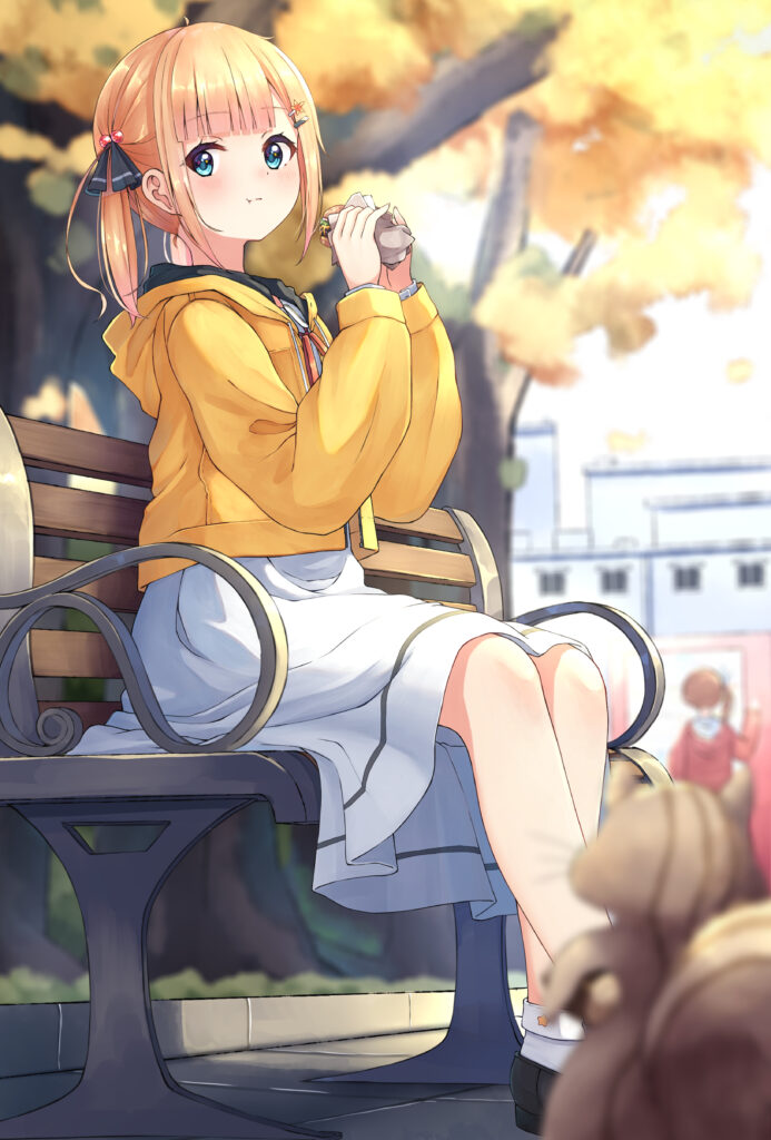 Cheerful Girl Enjoying Sandwich: Cozy Autumn Anime Wallpaper