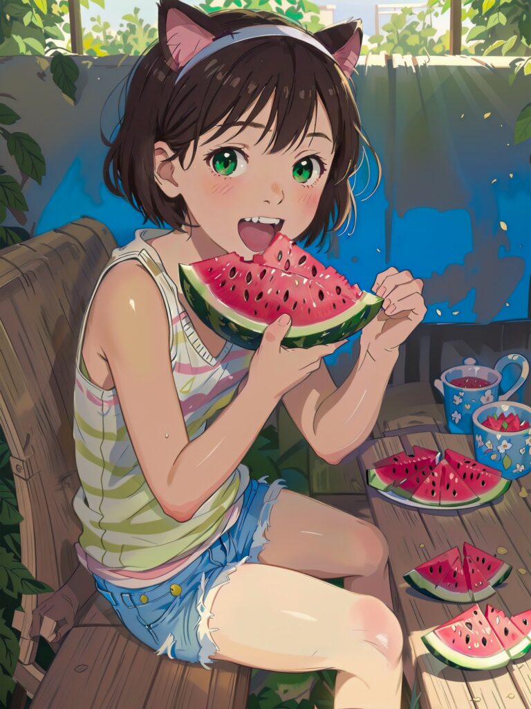 Cheerful Anime Girl with Cat Ears Enjoying Watermelon on a Sunny Day Wallpaper