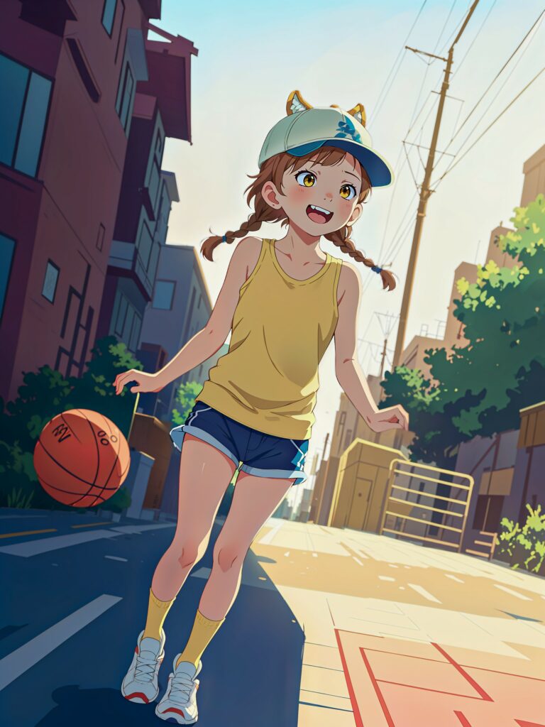 Cheerful Anime Girl with Cat Ears Playing Basketball in Urban Street Wallpaper