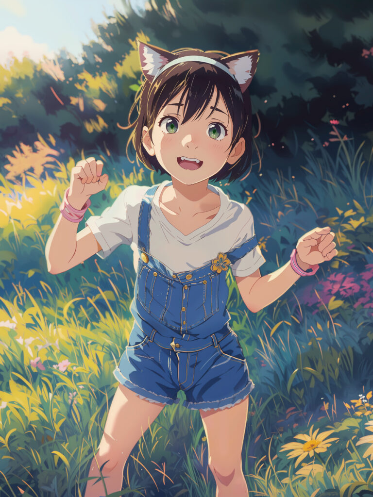 Joyful Anime Girl in Cat Ears in a Vibrant Flower Field Wallpaper