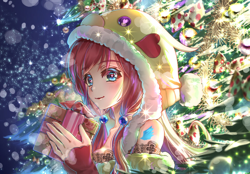Cheerful Girl with Gift & Festive New Year Tree Wallpaper
