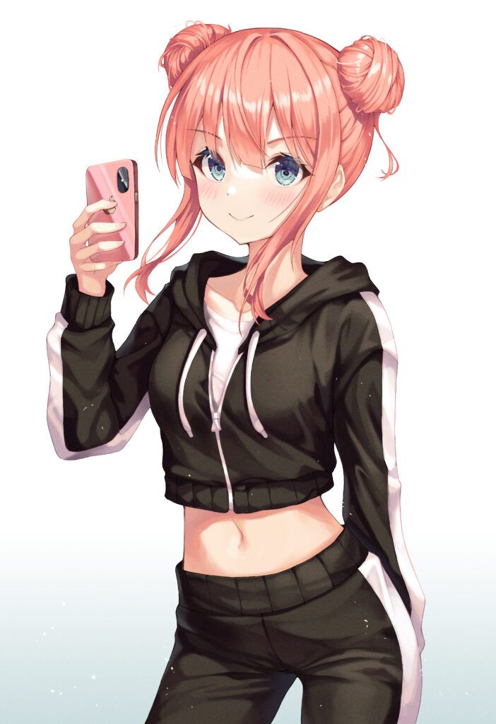 Cheerful Anime Girl with Pink Hair in Tracksuit | Cute Wallpaper