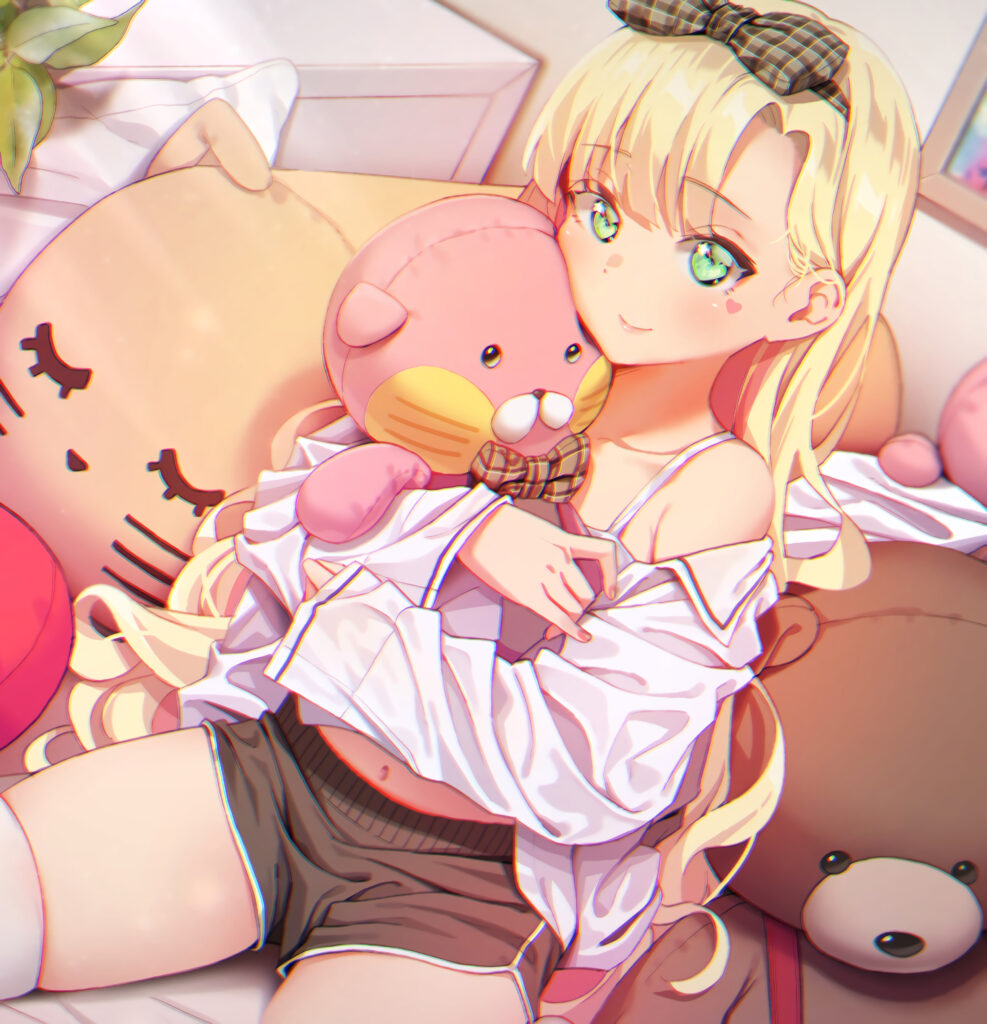 Cheerful Anime Girl with Stuffed Toy - Cozy Wallpaper Background