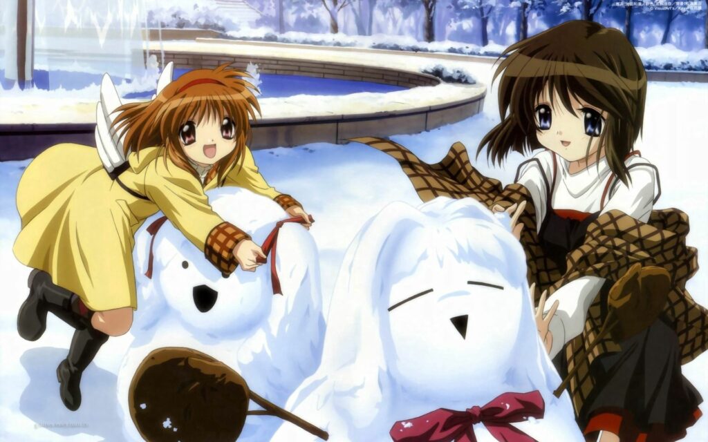 Cheerful Anime Girls in Snowy Kanon Winter Wonderland Wallpaper