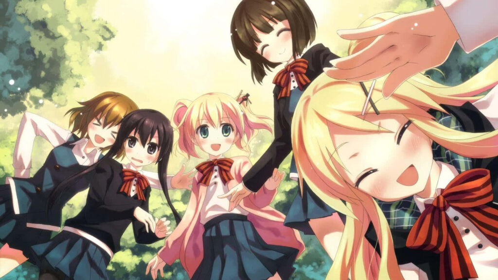 Cheerful Anime Girls Selfie Wallpaper: Friendship in Nature