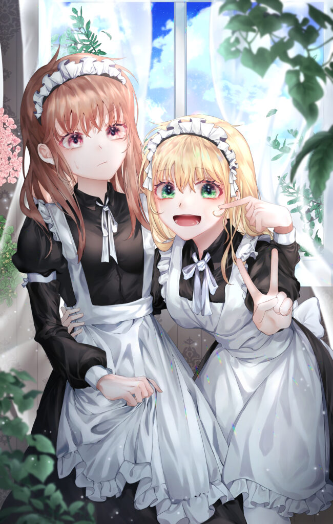 Cheerful Anime Maids Pose by Bright Window - Vibrant Wallpaper