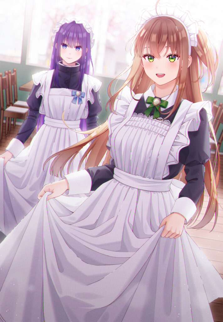 Cheerful Anime Maids in Sunlit Room - Whimsical Wallpaper Art