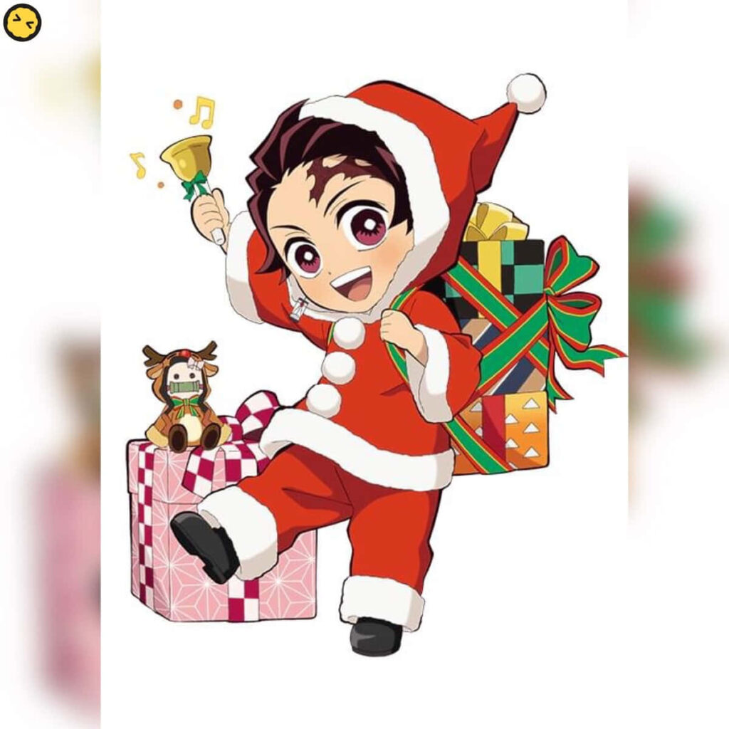 Cheerful Anime Santa Character with Bell and Colorful Christmas Gifts Wallpaper