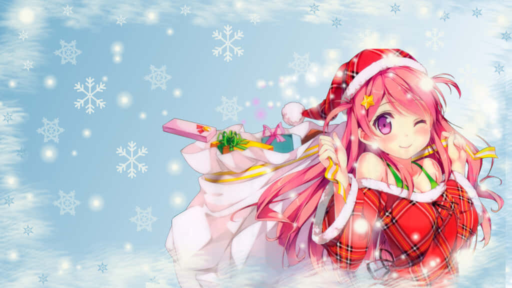 Cheerful Anime Christmas Wallpaper with Pink-Haired Santa Character