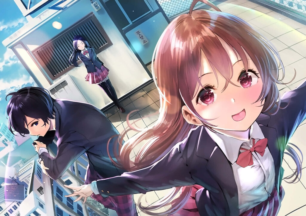 Charming Anime Wallpaper: Cheerful Schoolgirl & Boy on Rooftop