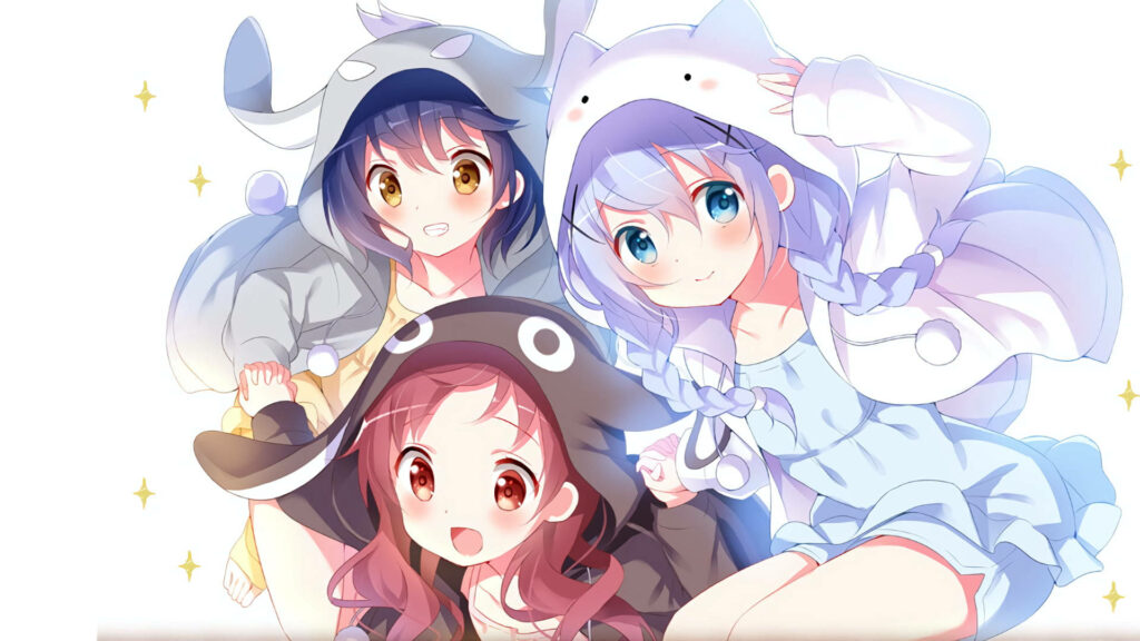 Cheerful Anime Sisters in Adorable Hoodies - Vibrant Wallpaper Background