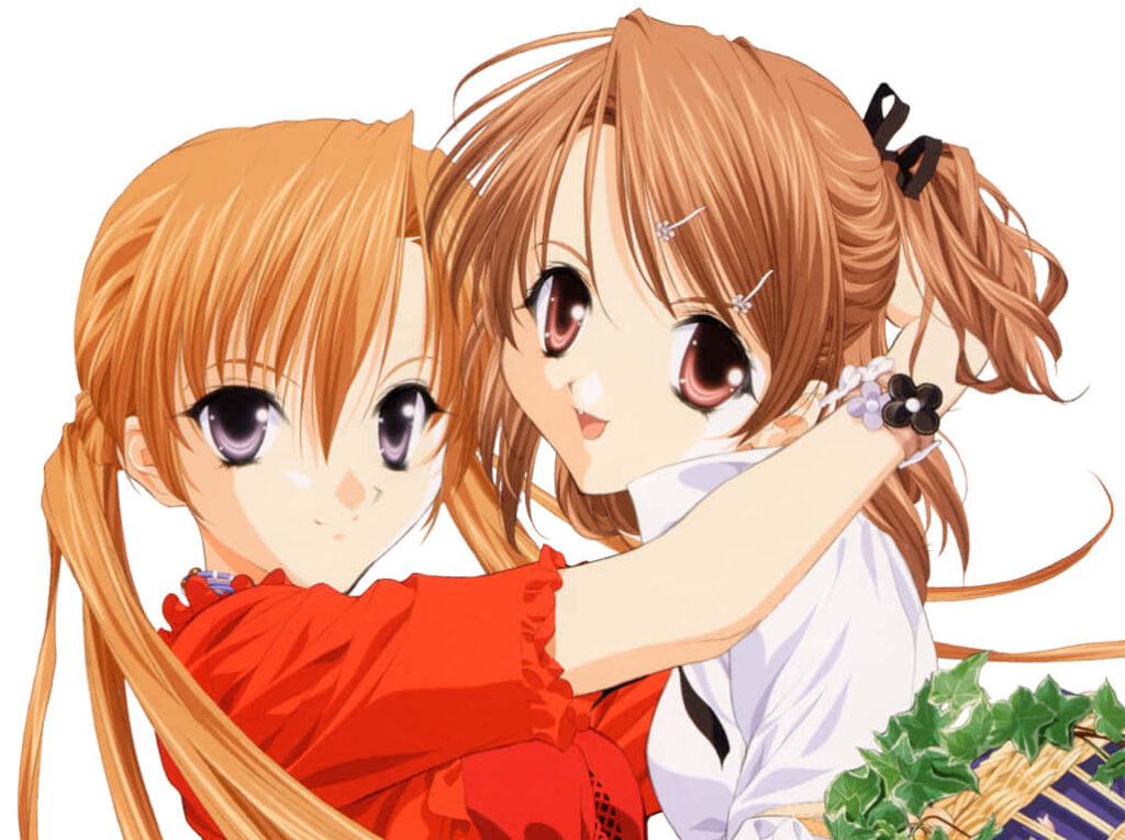 Cheerful Anime Sisters Embrace: Vibrant Digital Wallpaper Art