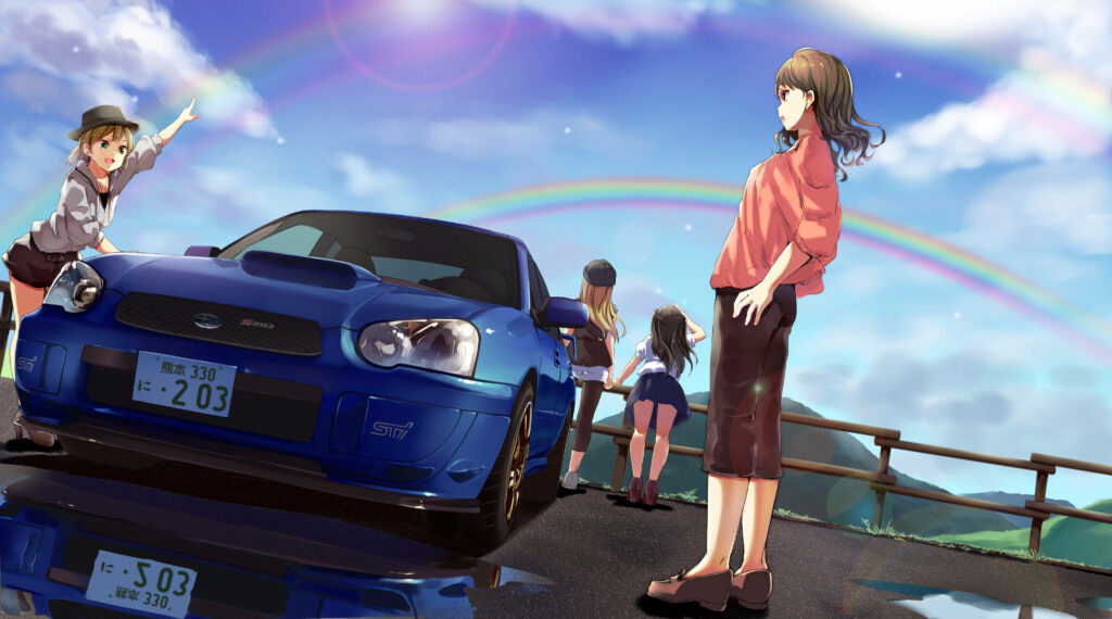 Vibrant Anime Wallpaper: Characters & Blue Subaru WRX STI Adventure
