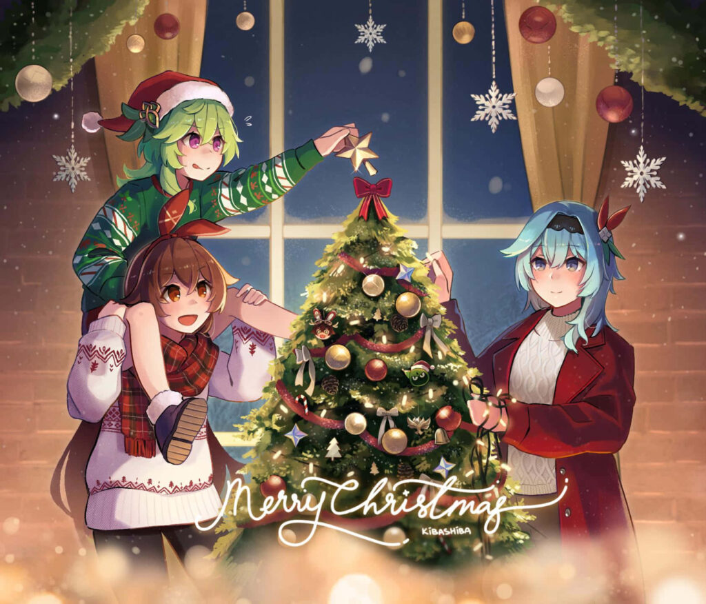 Cheerful Anime Characters Decorating Christmas Tree Wallpaper