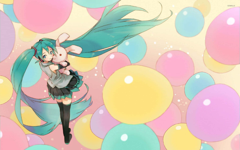 Colorful Anime Wallpaper: Cheerful Scene with Balloons & Teal Hair