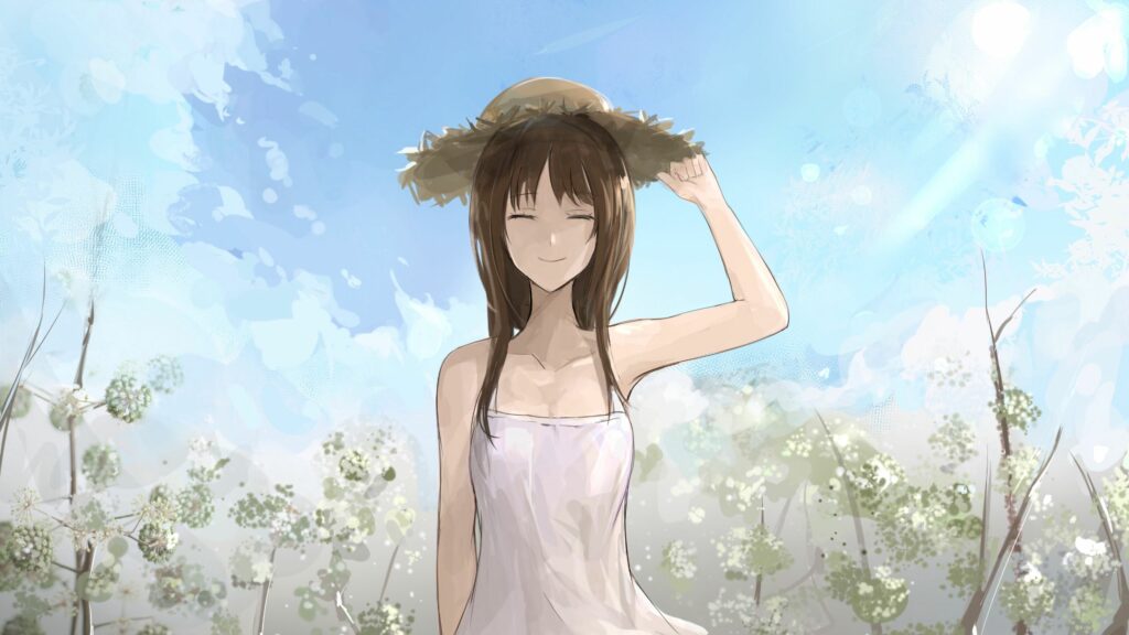 Cheerful Anime Wallpaper: Girl in Hat Under Bright Summer Sky