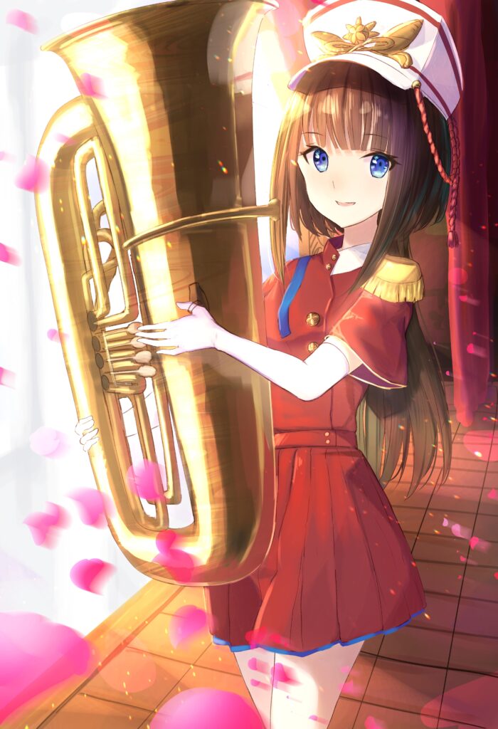 Cheerful Anime Girl with Brass Instrument in Colorful Petal Scene Wallpaper