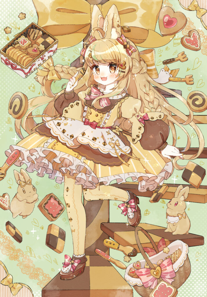 Cheerful Anime Girl Surrounded by Cookies - Whimsical Wallpaper
