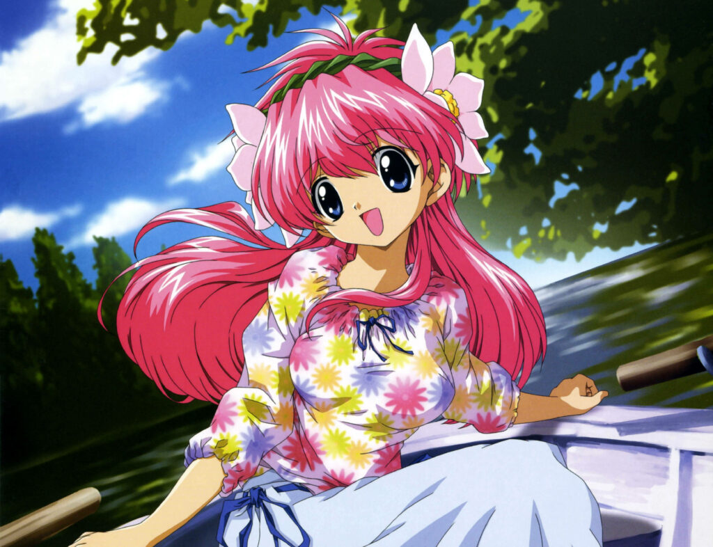 Cheerful Anime Character Wallpaper: Pink Hair & Flowered Boat Ride