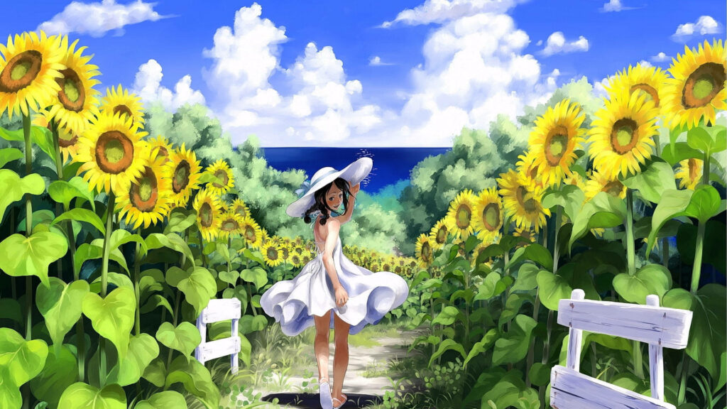 Serene Anime Wallpaper: Sunflower Field & Cheerful Character