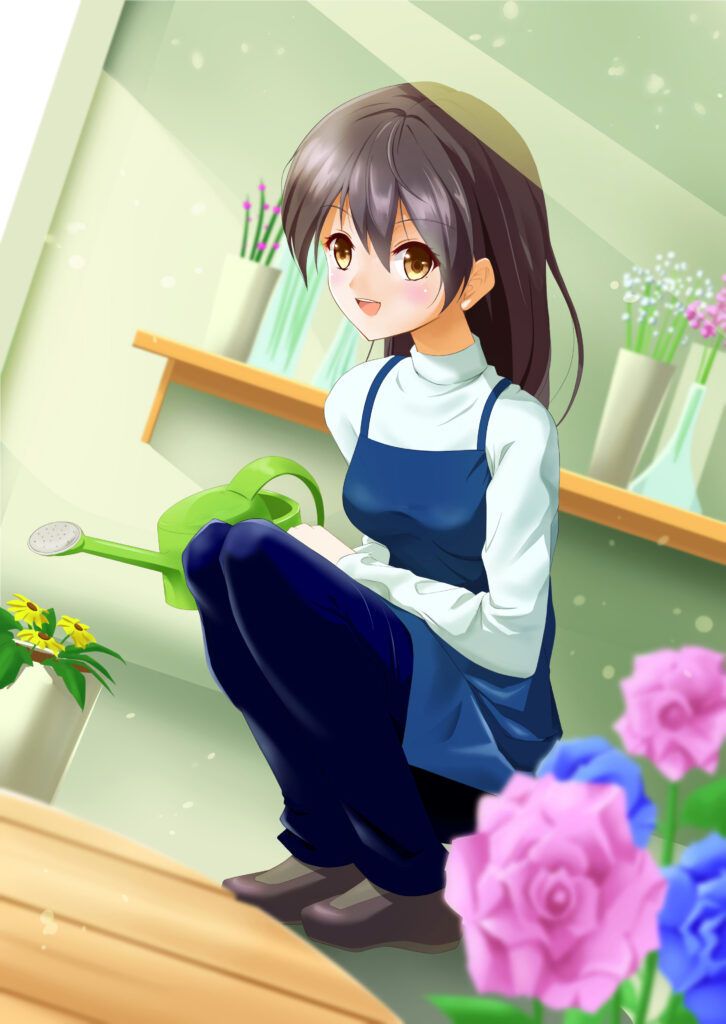 Cheerful Anime Florist Girl Wallpaper with Colorful Flowers