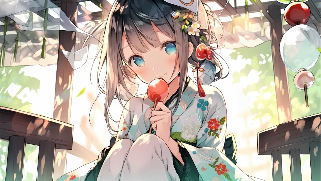 Cheerful Kimono Girl: Bright Anime Wallpaper with Candy