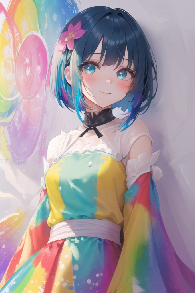 Cheerful Anime Girl in Rainbow Dress - Vibrant Colorful Background Wallpaper