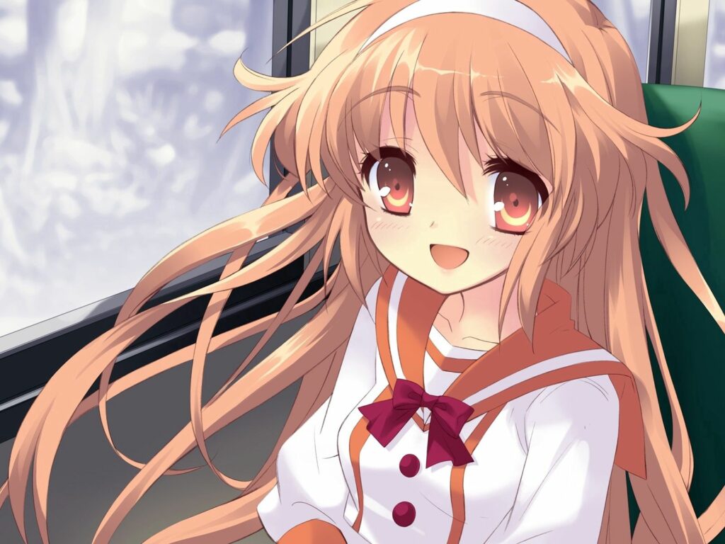 Cheerful Anime Girl in Sailor Outfit by Train Window - Adventure Wallpaper
