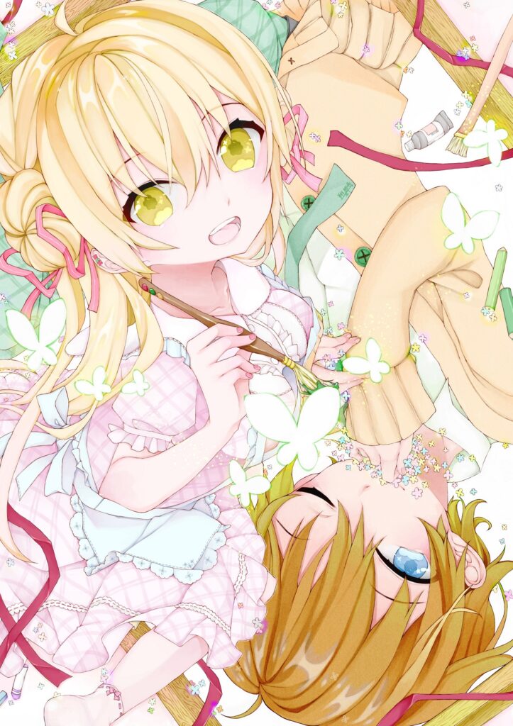 Cheerful Anime Wallpaper: Girls with Butterflies in a Whimsical Scene