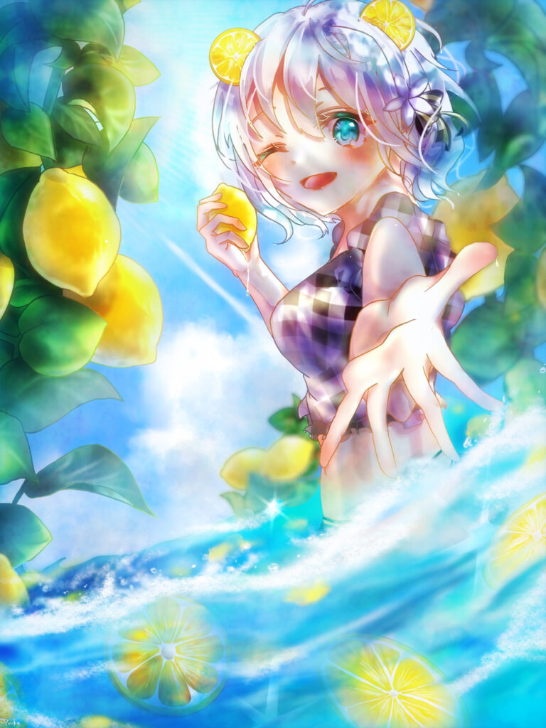 Cheerful Anime Girl Surrounded by Lemons & Fresh Water Wallpaper