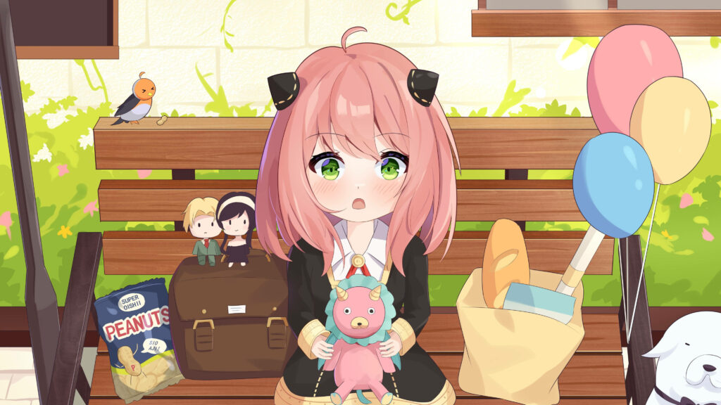 Cheerful Anya Forger Wallpaper: Cozy Anime Scene with Balloons