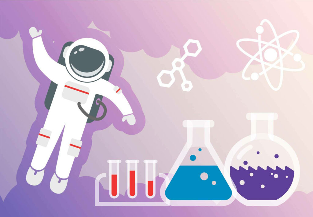 Astronaut floating with colorful test tubes and scientific symbols on pastel chemistry wallpaper