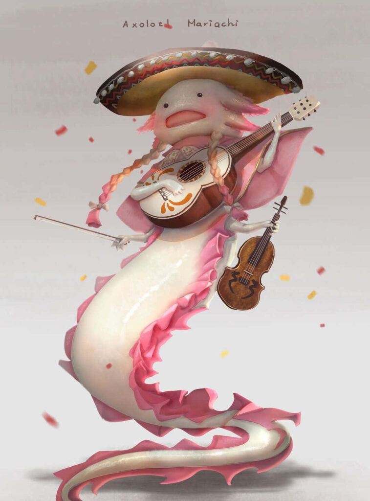 Whimsical Axolotl Mariachi Wallpaper: Joyful Singing & Festive Vibes