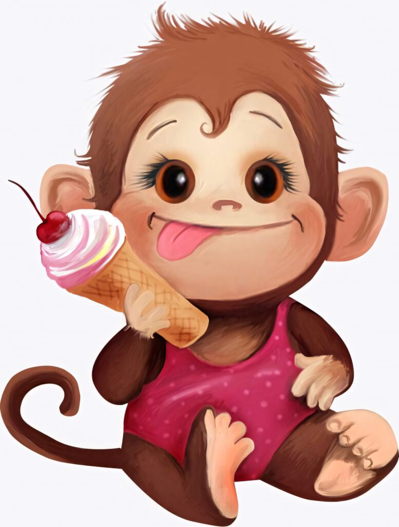 Playful Baby Monkey Enjoys Ice Cream - Adorable Cartoon Wallpaper