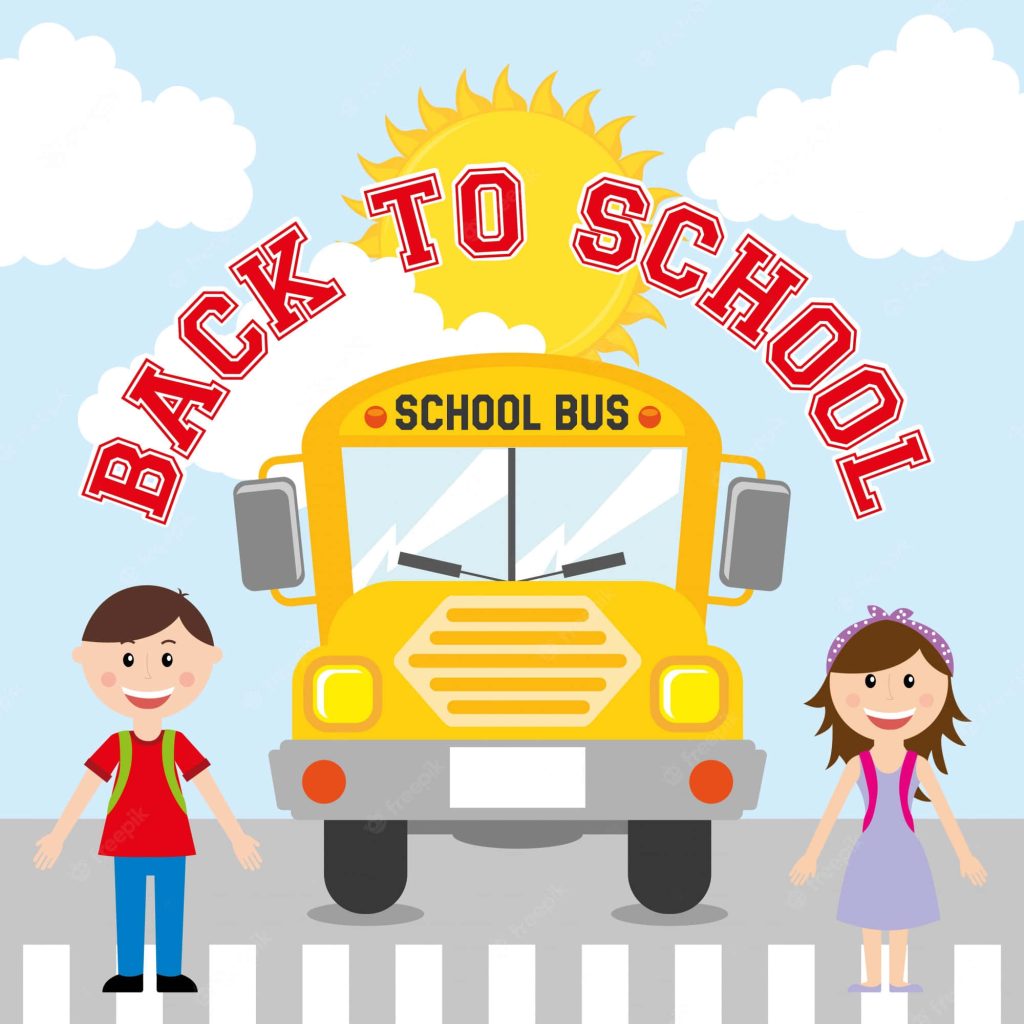 Cheerful back to school vector with yellow bus kids on crosswalk sunny sky educational wallpaper