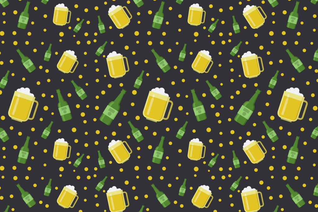 Beer-themed wallpaper with yellow beer mugs green bottles on dark charcoal background