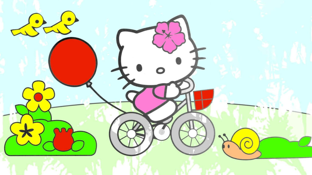 Cheerful Pastel Wallpaper: Cute Character on Bicycle with Balloon