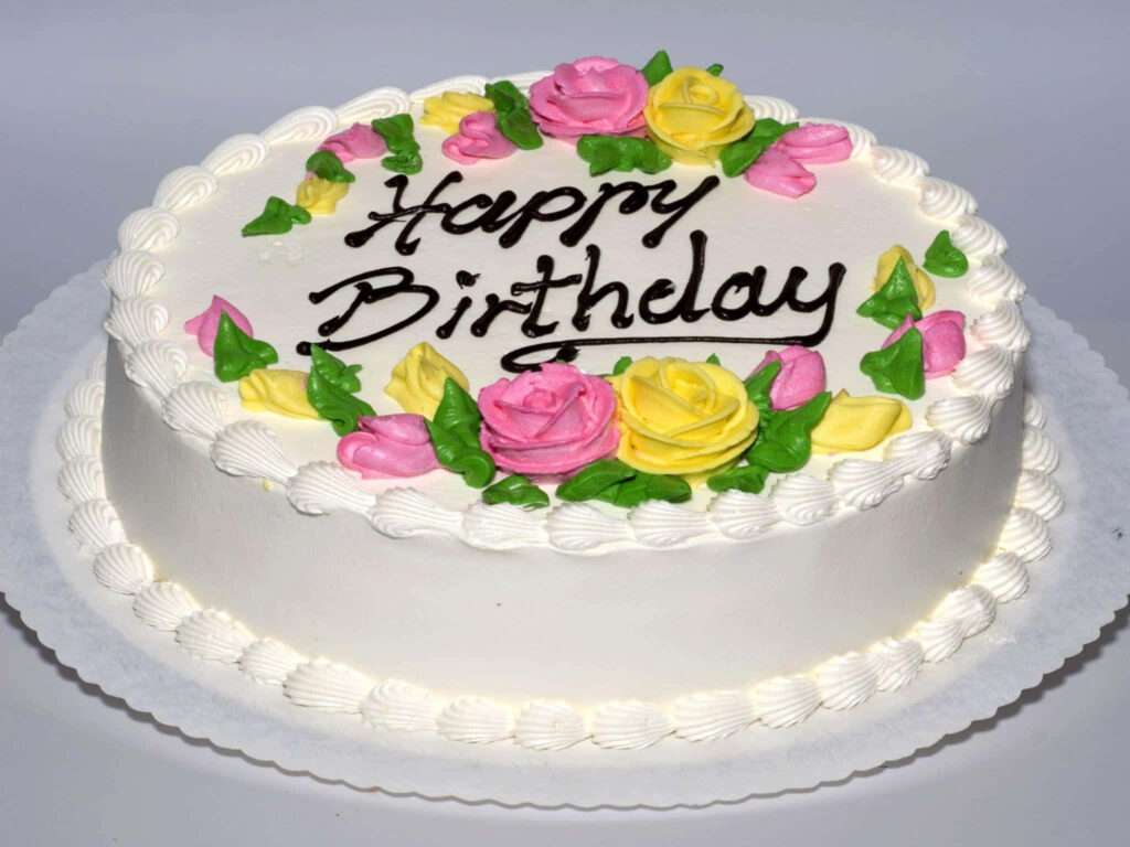Colorful Floral Birthday Cake Wallpaper with Elegant Happy Birthday Design