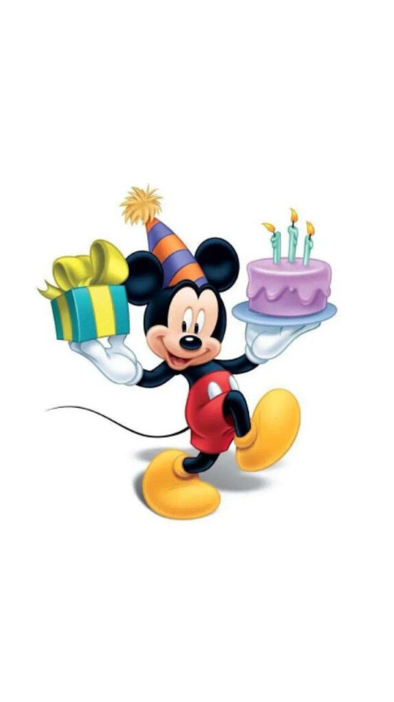 Festive Cartoon Character Birthday Wallpaper with Gifts & Cake