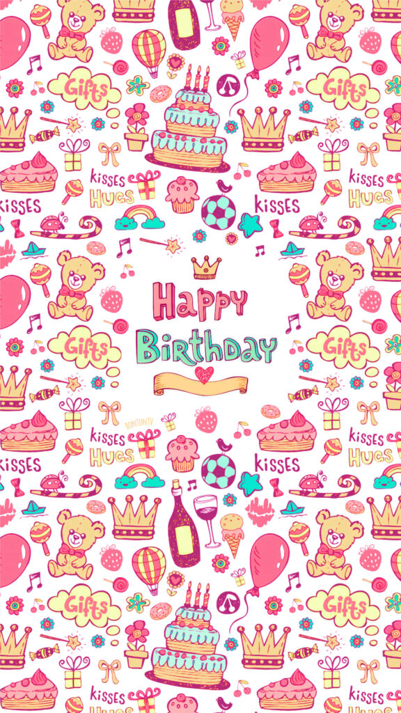 Cheerful Birthday Wallpaper: Festive Cakes, Balloons & Gifts Design