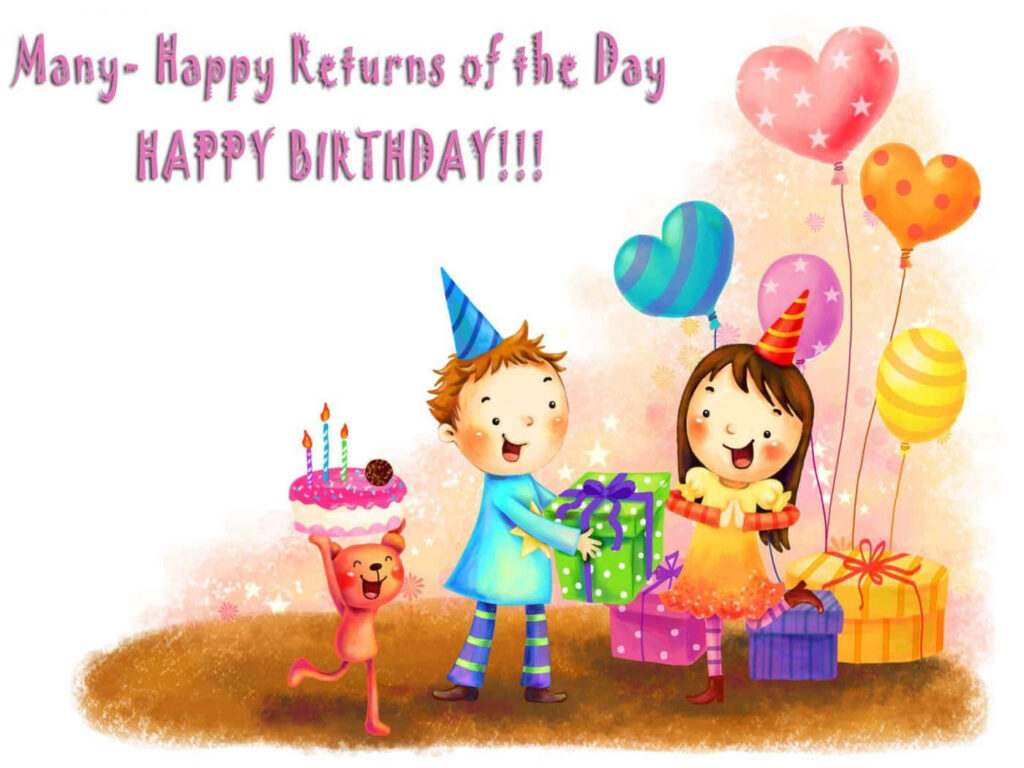 Cheerful Children Celebrate with Balloons and Cake - Happy Birthday Wallpaper