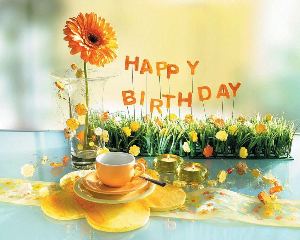 Cheerful Orange Gerbera Daisy Birthday Wallpaper with Yellow Flowers
