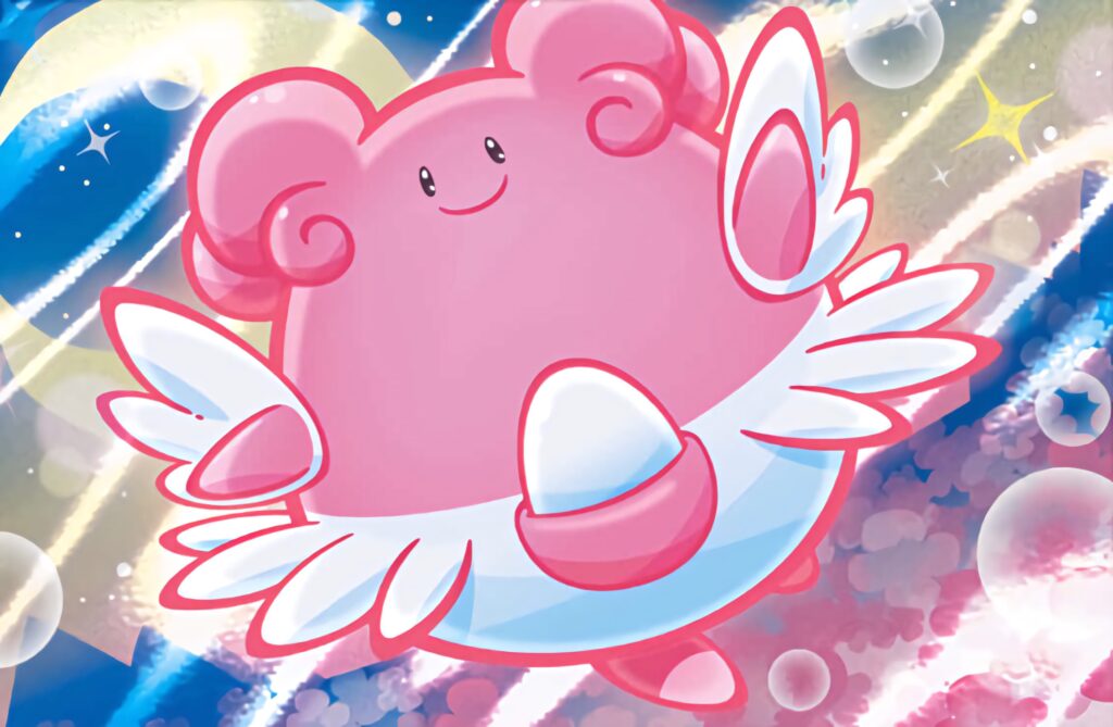 Adorable Blissey floats in vibrant starry cosmic sky dreamy colorful wallpaper background