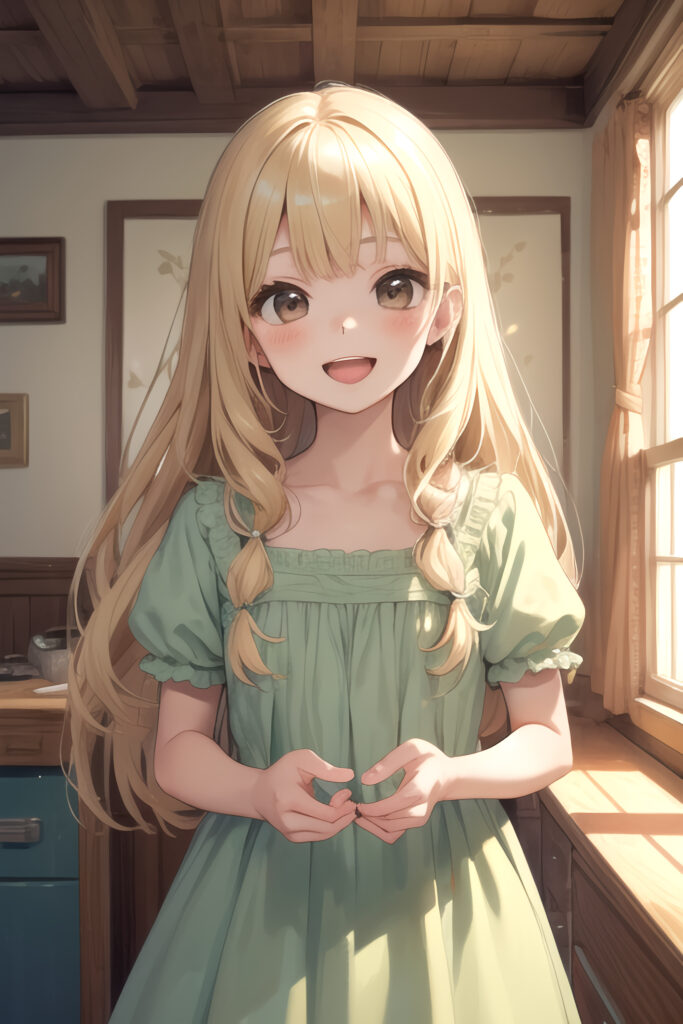 Cheerful Blonde Girl by Window | Anime Wallpaper in Soft Green Dress