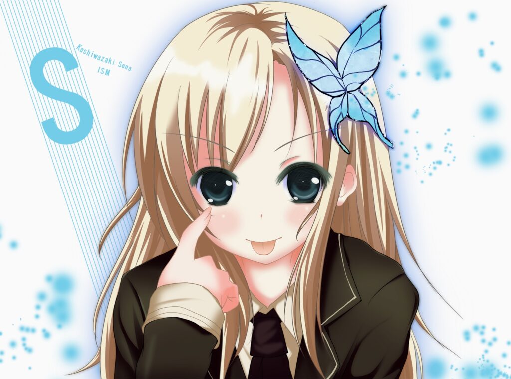 Cheerful Blonde Girl Anime Wallpaper with Blue Butterfly Accents