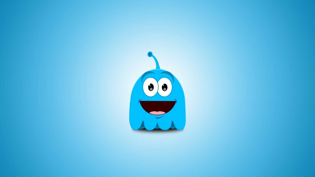Cute blue blob cartoon with wide smile and antenna on gradient blue wallpaper background