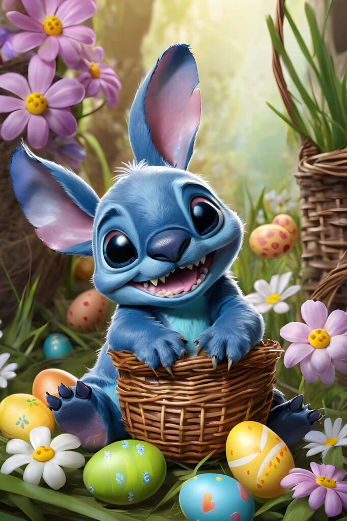 Charming Blue Creature in Basket with Easter Eggs - Vibrant Garden Wallpaper